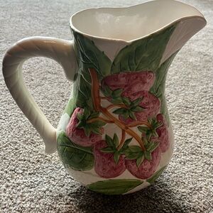 Strawberry Ceramic Pitcher with Green Leaves. Fruit Du Jour by Shafford.